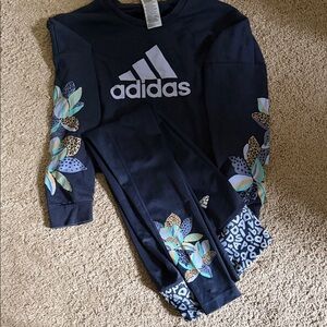 adidas Black Leggings & Sweatshirt Set with Floral and Leopard Accents